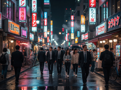 Neon-Lit Tokyo Street at Night with Crowds and Reflections