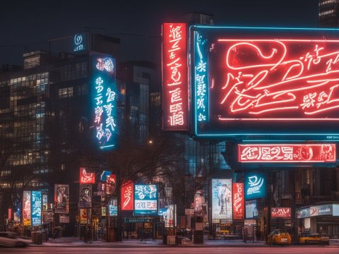 Neon-lit Urban Street with Vibrant Billboards at Night