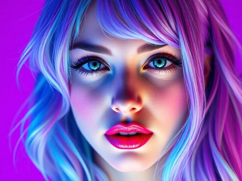 Neon Portrait of a Woman with Vibrant Hair and Blue Eyes