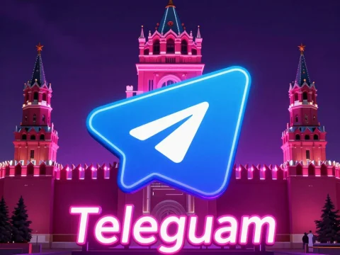Neon Telegram Logo in Front of Kremlin Palace at Night