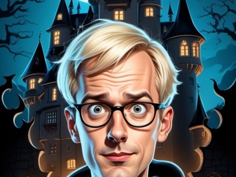 Nervous Man in Front of Haunted Castle at Night