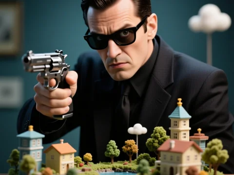Nervous Spy Pointing Gun at Miniature Village