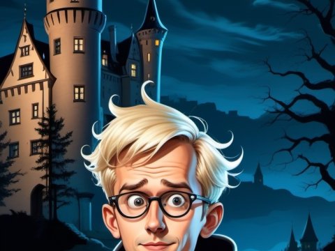 Nervous Young Man in Front of Haunted Castle at Night