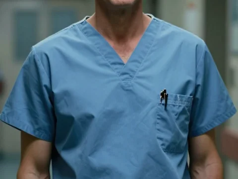 Neurosurgeon in Blue Scrubs in Hospital Corridor