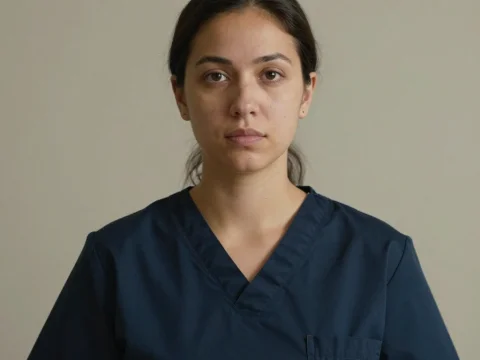 Neutral Portrait of Female Caregiver in Medical Scrubs