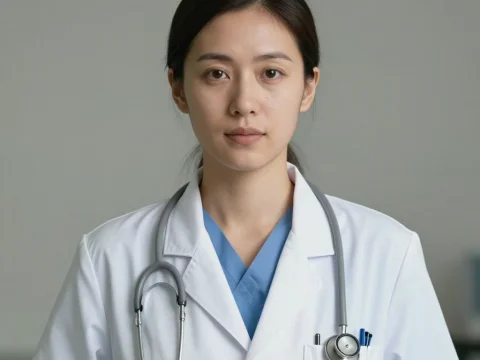 Neutral Portrait of Female Doctor in White Coat