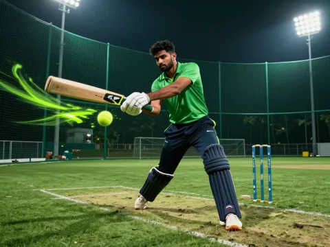 Night Cricket Batting Action with Dynamic Green Effect