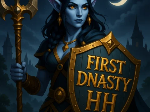 Night Elf Warrior Holding Shield with 'First Dynasty HH' Inscription