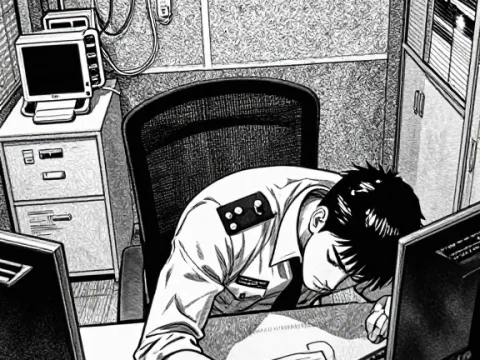 Night Guard Asleep at Desk in Office