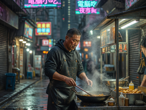 Night Market Vendor Cooking in Neon-Lit Rainy Alley