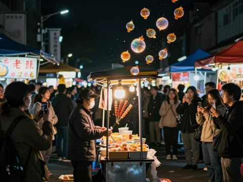 Night Market Vendor Selling Candied Haws with Floating Bubbles