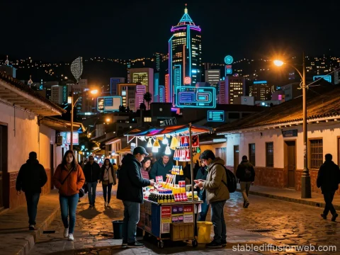 Night Street Market with Neon Cityscape