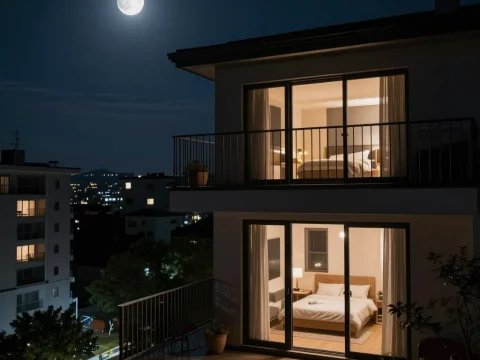 Night View of a Modern Condo Veranda with Full Moon