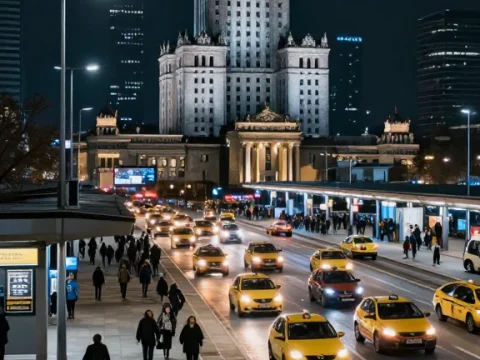 Night View of Warsaw Zachodnia Bus Station with Palace of Culture and Science