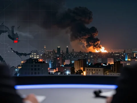 Nighttime City Explosion Viewed from News Studio