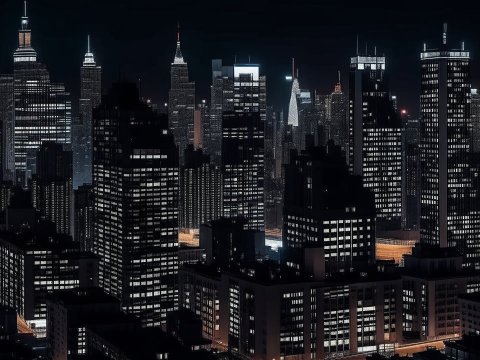 Nighttime City Skyline with Illuminated Skyscrapers