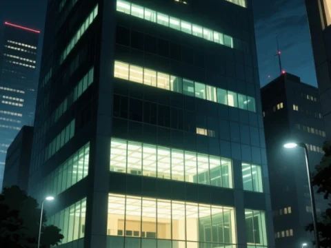 Nighttime Corporate Office Building in Cityscape
