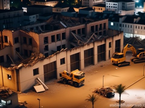 Nighttime Demolition Site with Heavy Machinery