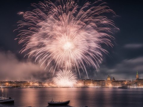 Nighttime Fireworks Over a City Waterfront