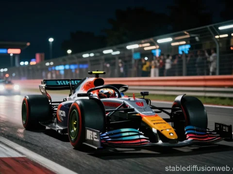 Nighttime Formula 1 Race Car on Track