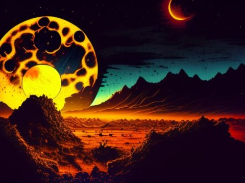 Nighttime Hellscape with Fiery Moons and Jagged Mountains