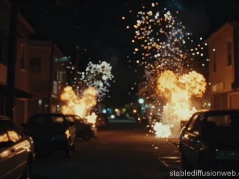 Nighttime Street Explosions with Fire and Sparks