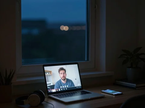 Nighttime Video Call at a Cozy Desk