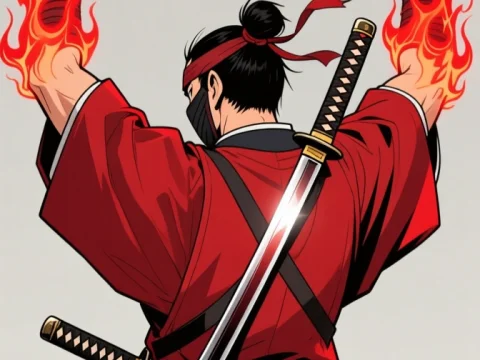 Ninja in Vermilion Costume with Flaming Hands