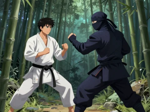 Ninja vs Karateka Duel in Bamboo Forest