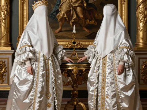 Noble Ladies in Ornate White Velvet Gowns with Covered Faces