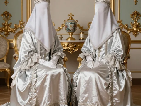 Noble Ladies Veiled in Elegant Silver Gowns with Crowns