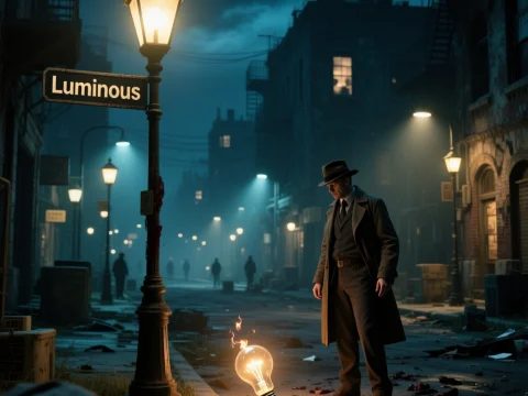 Noir Detective and the Fiery Lightbulb on Luminous Street