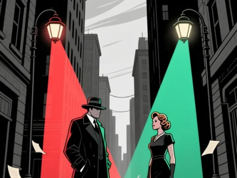 Noir Detective and Woman in Spotlight on City Street