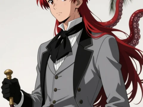 Noir Victorian Anime Character with Tentacles