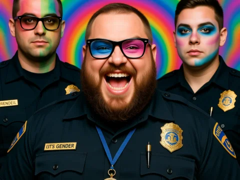Non-Binary Security Guards with Pride Face Paint and Rainbow Background