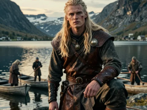 Nordic Warrior by a Mountain Lake