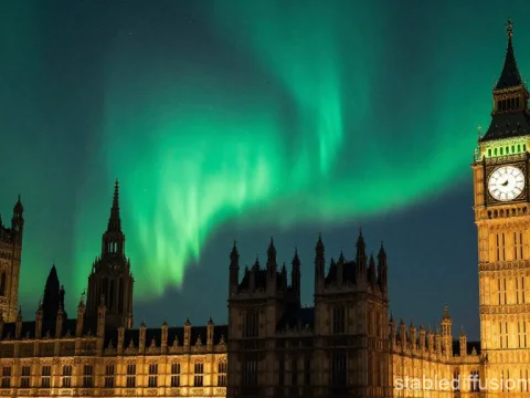 Northern Lights Over London’s Big Ben at Night