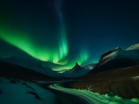 Northern Lights Over Snowy Mountain Valley
