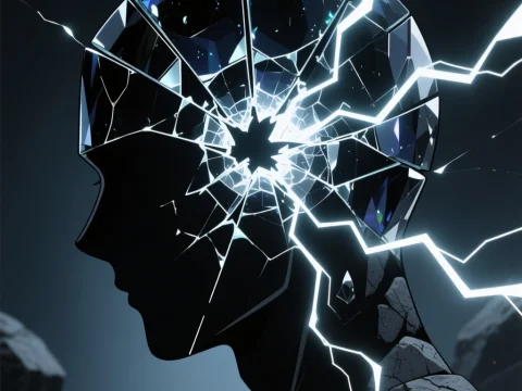 Obsidian Head Shattered with Electric Cracks