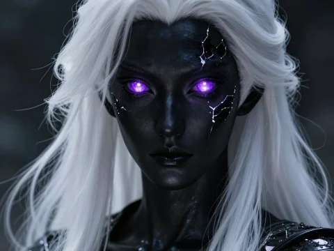 Obsidian Skinned Fantasy Hero with Glowing Purple Eyes