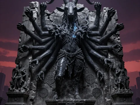 Obsidian Statue of a Multi-Armed Goat Deity in Ruins