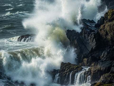 Ocean Waves Crashing Fiercely Against Rocky Cliffs