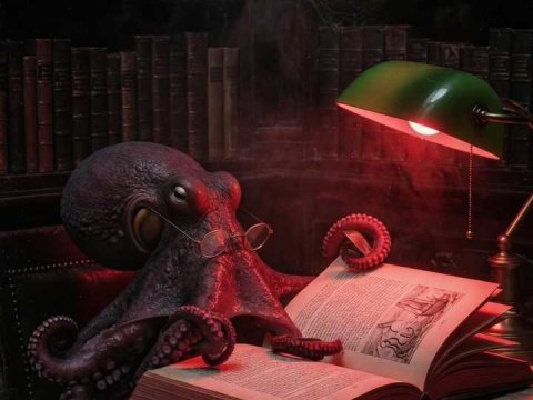 Octopus Reading a Book in a Vintage Library