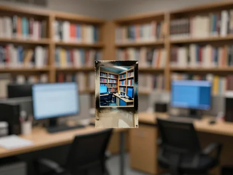 Office Workspace with Bookshelves and Computer Screens