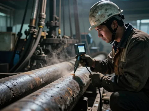 Oil Field Engineer Performing NDT Inspection on Pipes