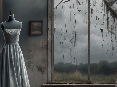 Old Dusty Wedding Dress in Abandoned Room
