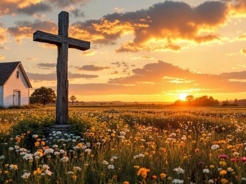 Old Rugged Cross at Sunset in a Flower Field