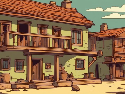 Old Rustic House with Wooden Balcony in Cartoon Style