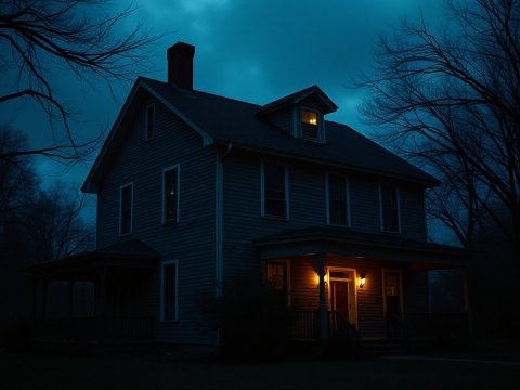 Old Two-Story American House at Night with Warm Porch Light