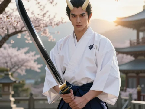 Oni Immortal Warrior with Katana in Cherry Blossom Temple